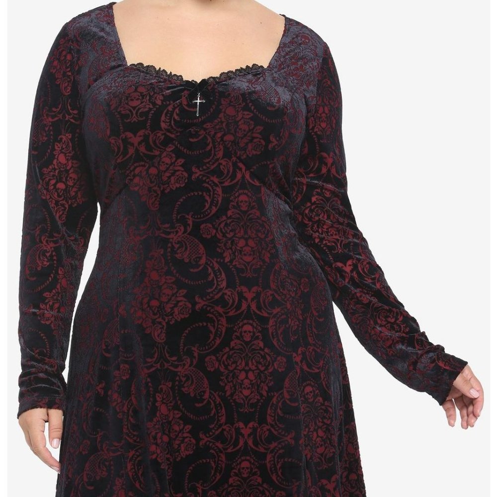 Velvet Damask Long-Sleeve Dress Plus Size 2X